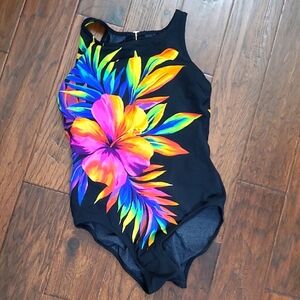 Inches Away Vibrant Black Floral One-Piece Swimsuit Size 12